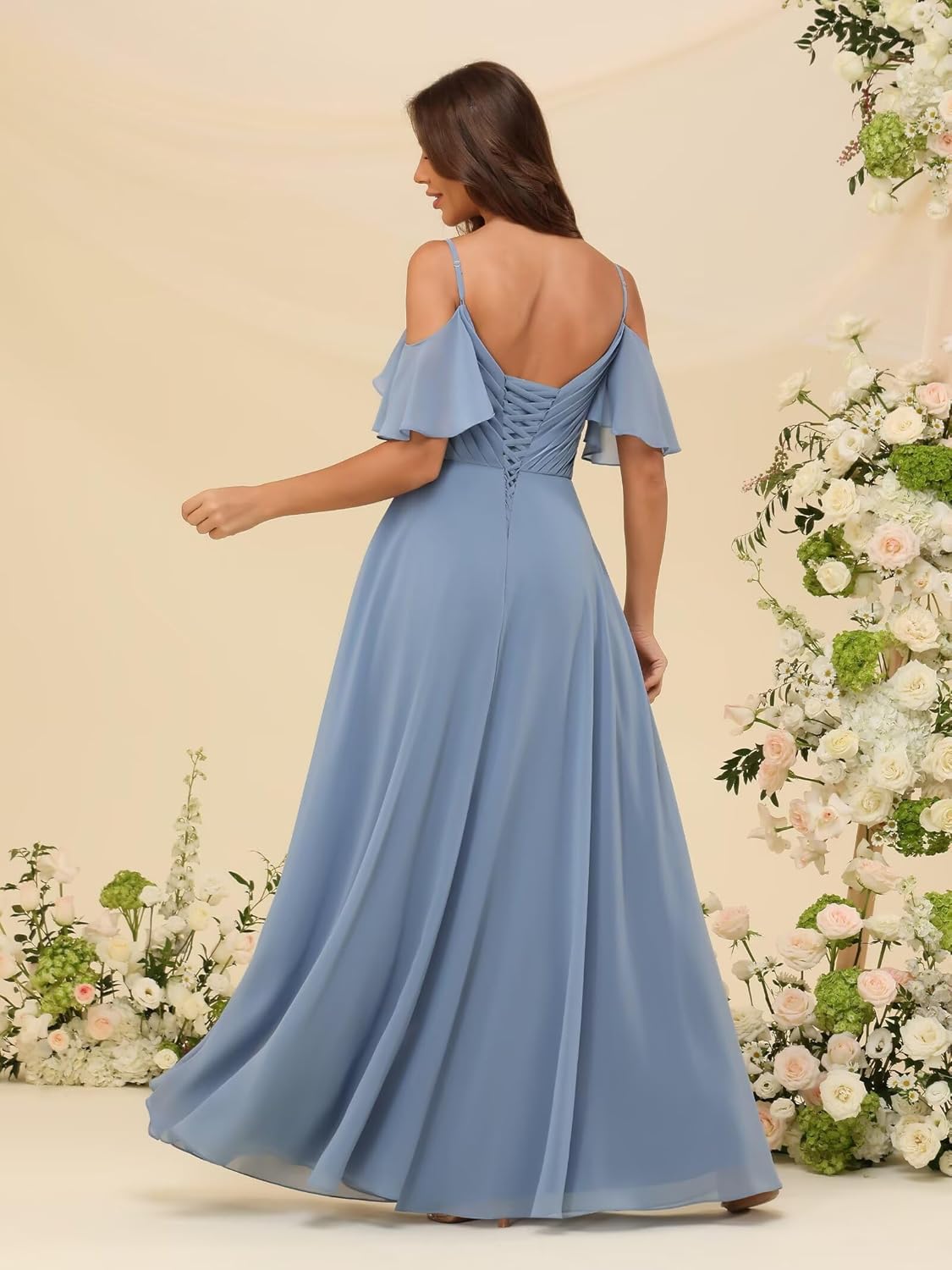 Off Shoulder Chiffon Bridesmaid Dresses for Women Slit Pleated Ruffle Formal Evening Gowns with Pockets - Image 2