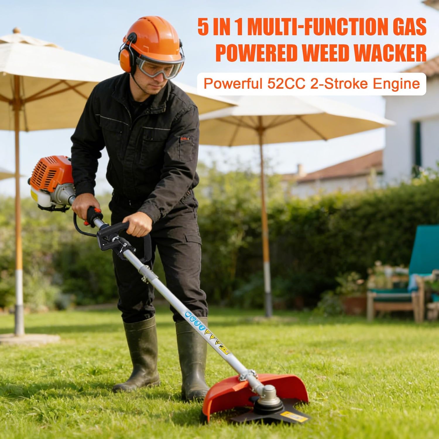 Gas Weed Wacker, 52cc 2-Stroke 5-in-1 Multi-Functional Lawn Mower，Hedge Trimmer Pruners，Lightweight Gas Powered Brush Cutter, Weed Eater for Grass and Bush (red)