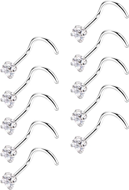 20 Gauge 10 Pieces Stainless Steel Nose Screw Curved Nose Studs Nose Cubic Zirconia Body Piercing Jewellery