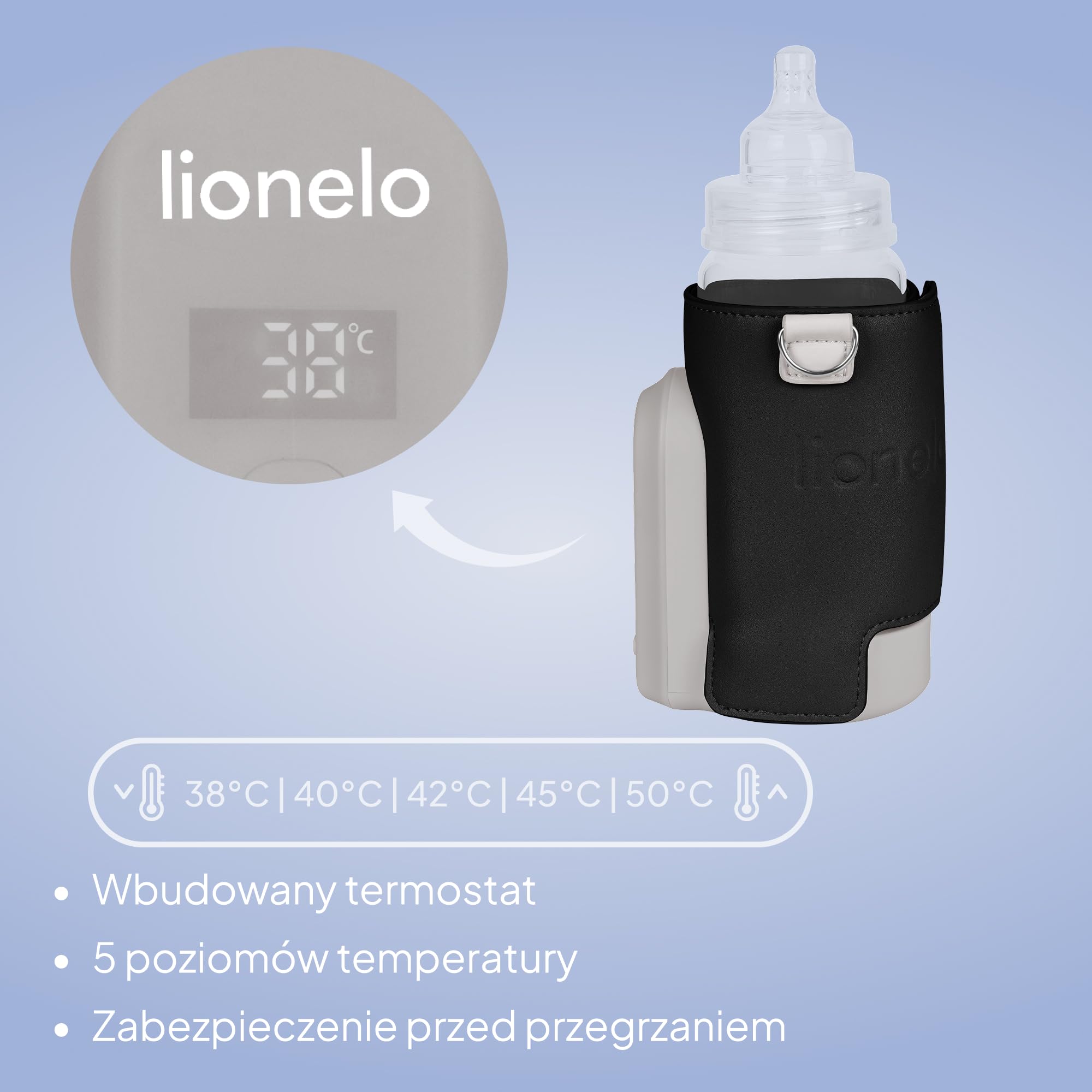 Lionelo Thermup Go Evo Zaawansowany przenośny podgrzewacz do butelek z baterią USB-C 9 godz., wyświetlacz LCD, 5 ustawień temperatury 38-50°C, pasuje do butelek 50-80 mm, kompatybilny z ładowarką