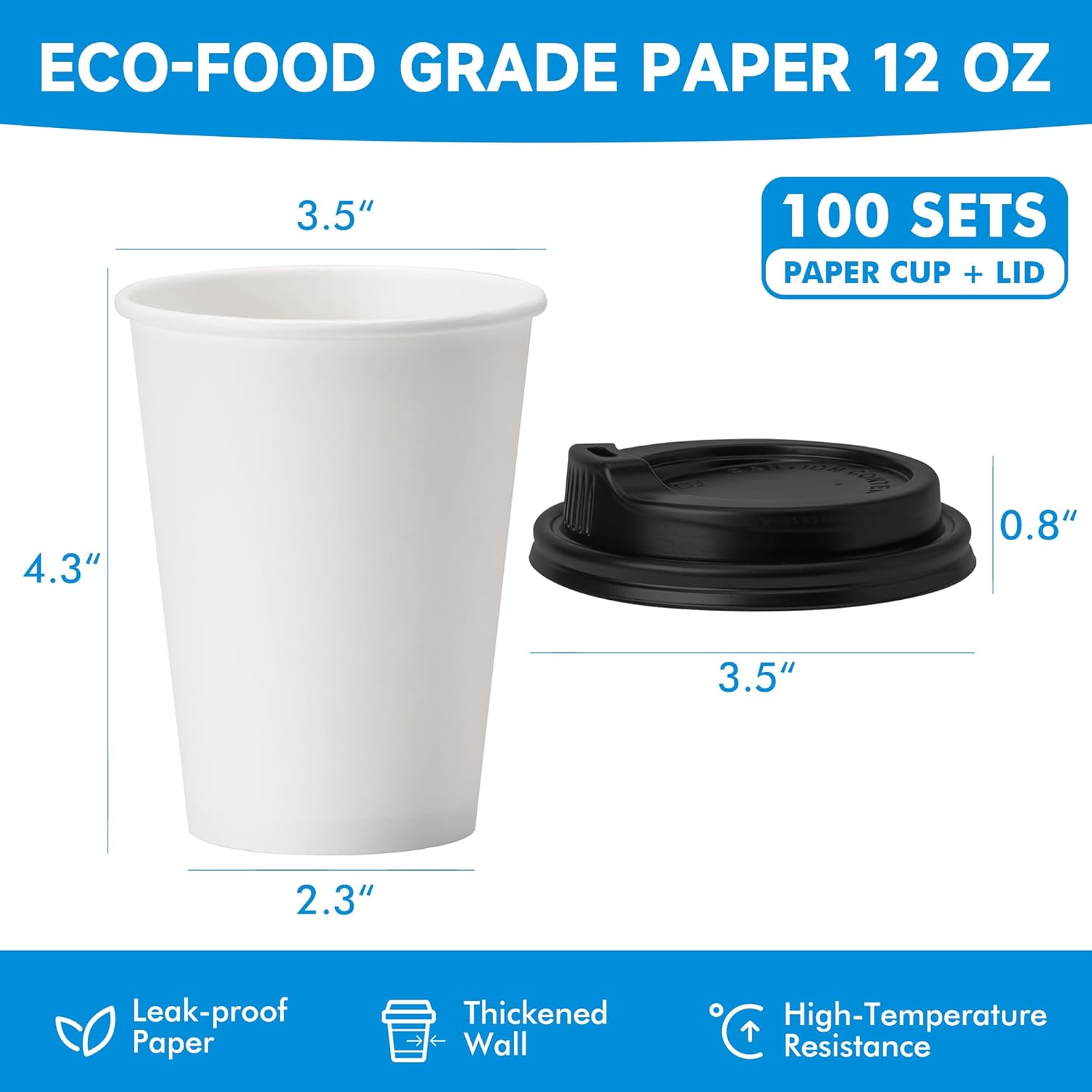 RACETOP 100 Pack 12 oz Disposable Paper Coffee Cups with Lids, Paper Cups with Lids 12 oz, Hot Cups for Home/Office - Image 2