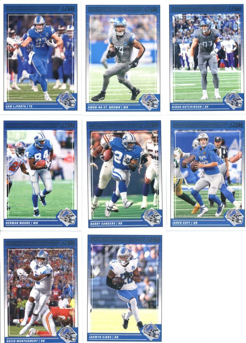 2024 Score Veterans Detroit Team Set of 8 Cards: Jahmyr Gibbs(#91), David Montgomery(#92), Amon-Ra St. Brown(#93), Jared Goff(#94), Sam LaPorta(#95), Aidan Hutchinson(#96), Barry Sanders(#98), Herman Moore(#99) - Sportscard Superstore