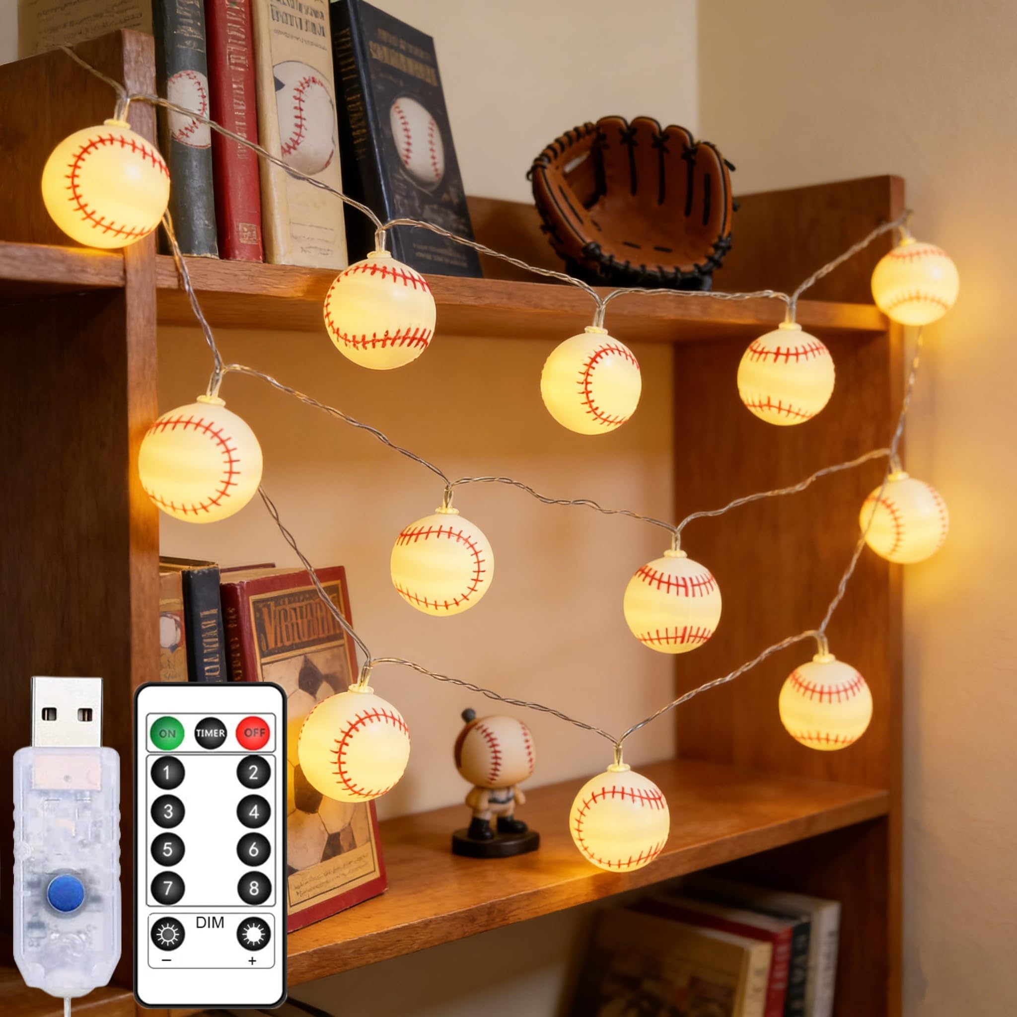 3 m lange Baseball-Themen-Lichterkette mit Fernbedienung, Timer, dimmbar, USB-betrieben, 8 Modi, 20 LEDs, lustige Lichter für Sport-Themen-Geburtstagsdekorationen, Sohn, Jungenzimmer,