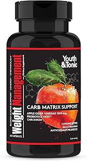 Youth & Tonic Weight Management Carb Matrix Support for Appetite Suppressant, Hunger Control, Metabolism Booster, Natural Detox & Gut Cleanse for Women & Men, 60 Pills w/ACV, Glucomannan, Chromium