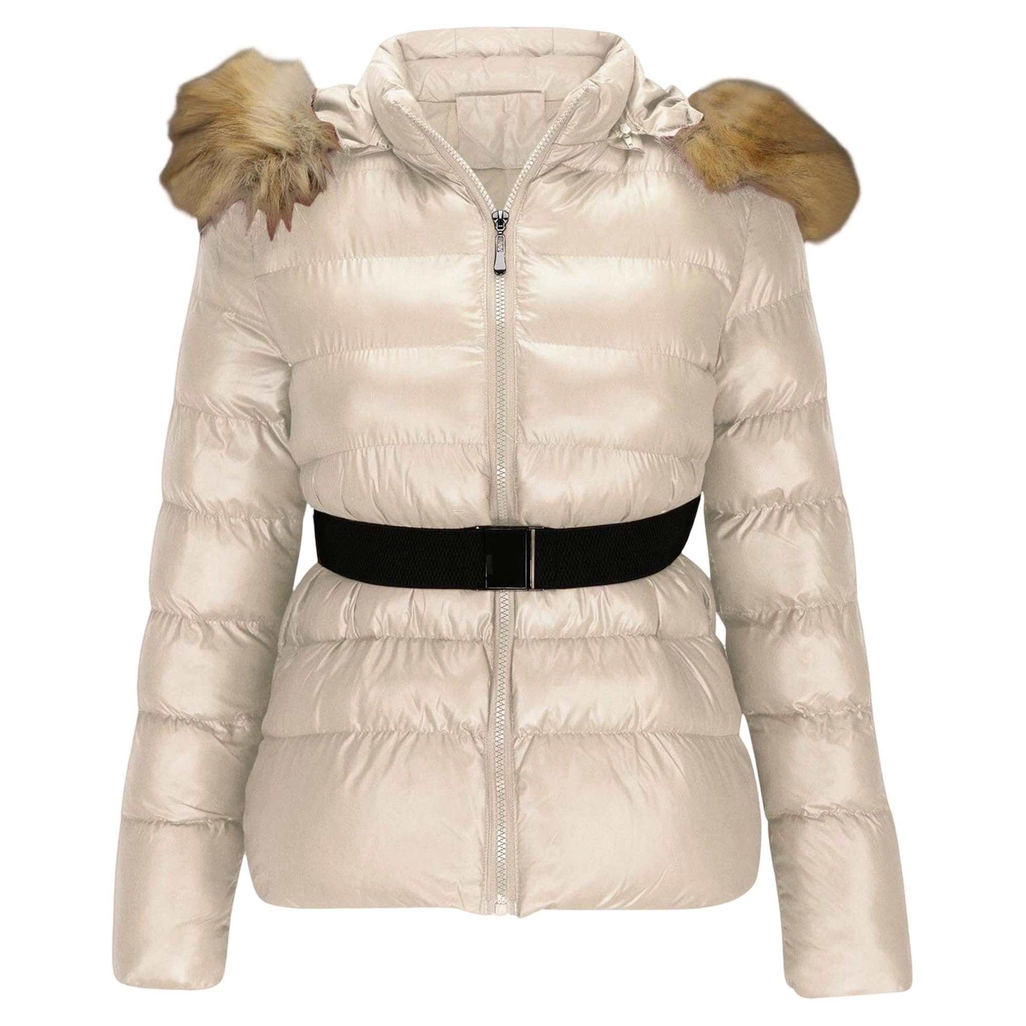 Chaqueta acolchada con capucha y cremallera para mujer, para exteriores, cálida, cuello de piel sintética, abrigo de invierno a la moda, ajuste delgado, ropa de abrigo corta