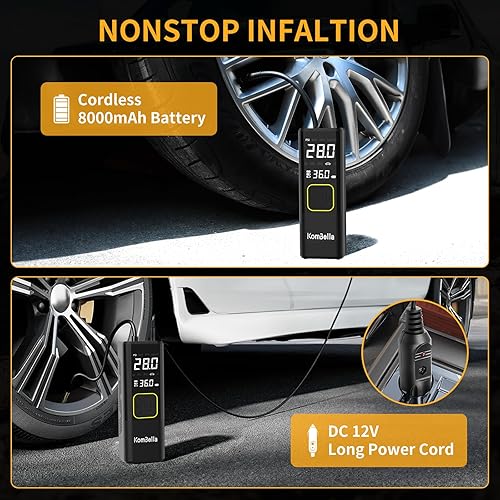 Miniatura 6 de Inflador de neumáticos Compresor de aire portátil para automóvil, inflado 2 veces más rápido con batería de 8000 mAh y cable de CC, bomba de