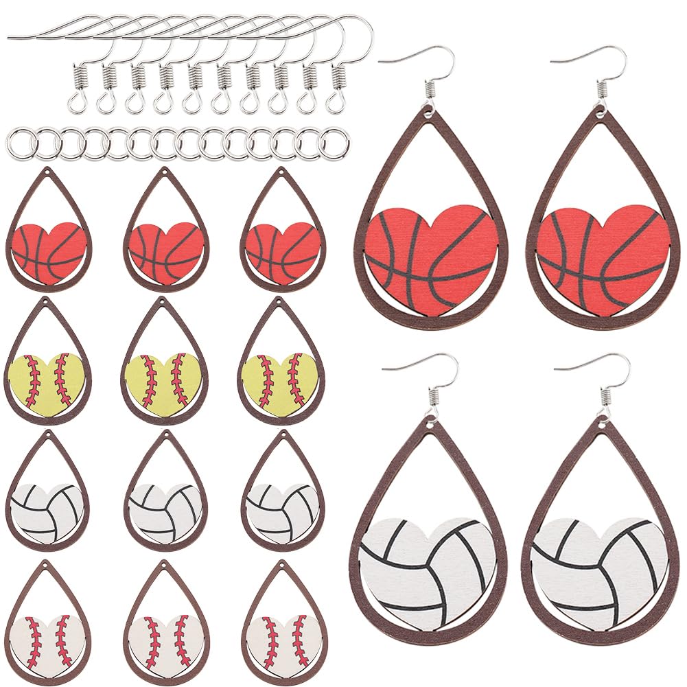 SUNNYCLUE 1 Box 100Pcs Sport Ball Dangle Earring Kit Wood Ball Charms Wooden Sports Charm Sport Basketball Baseball Pendants for Jewelry Making Kits