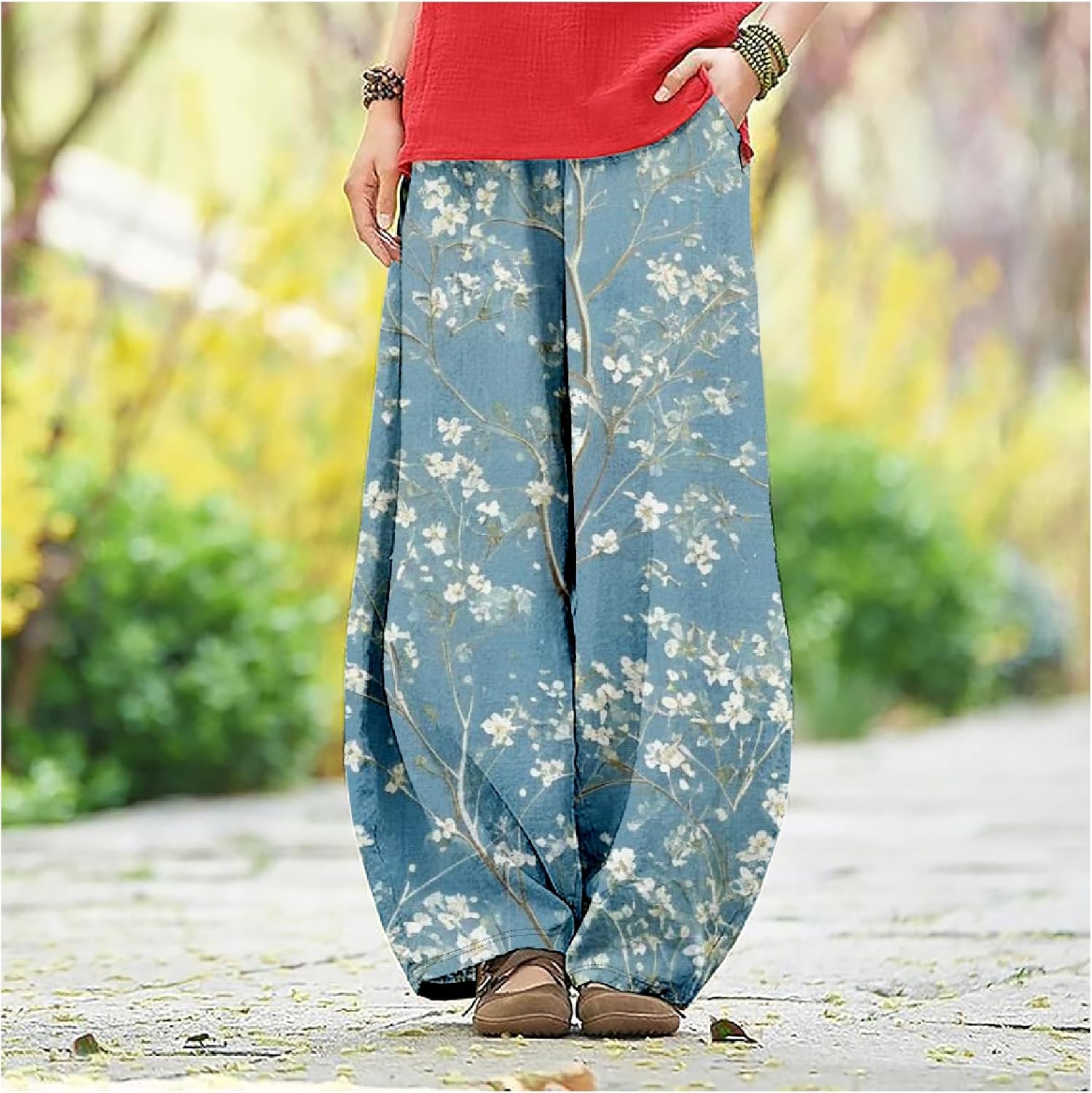 MARSVOVO Flowy Pants for Women Summer Baggy Floral Print Trousers Pants Breathable Wide Leg Lantern Trouser with Pockets - Image 4