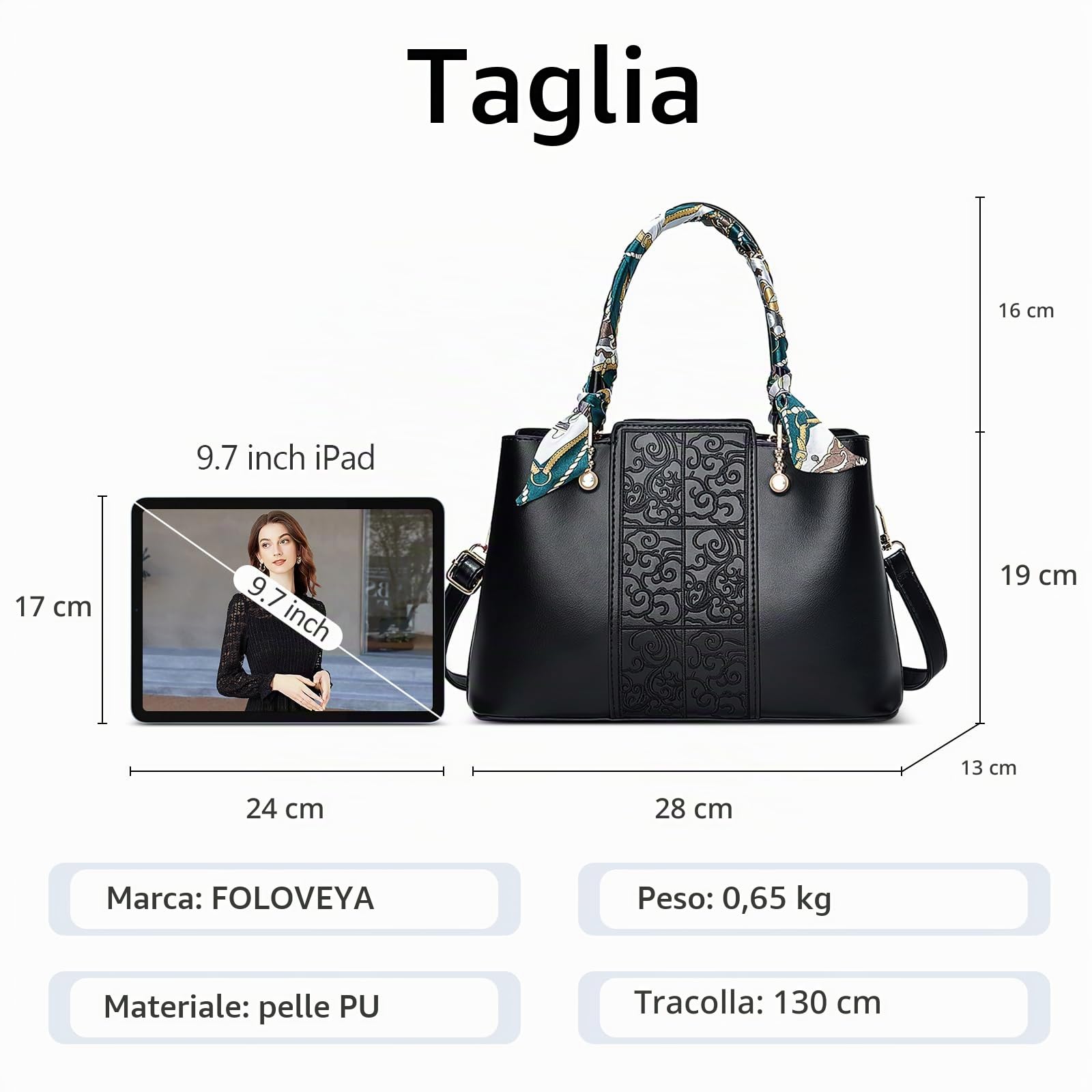 Moda Ricamata Borsa a Mano Donna Elegante Borsa a Tracolla Impermeabile Regolabile Borse a Spalla con Nastro Lavoro Viaggio Partito Pelle PU Nero