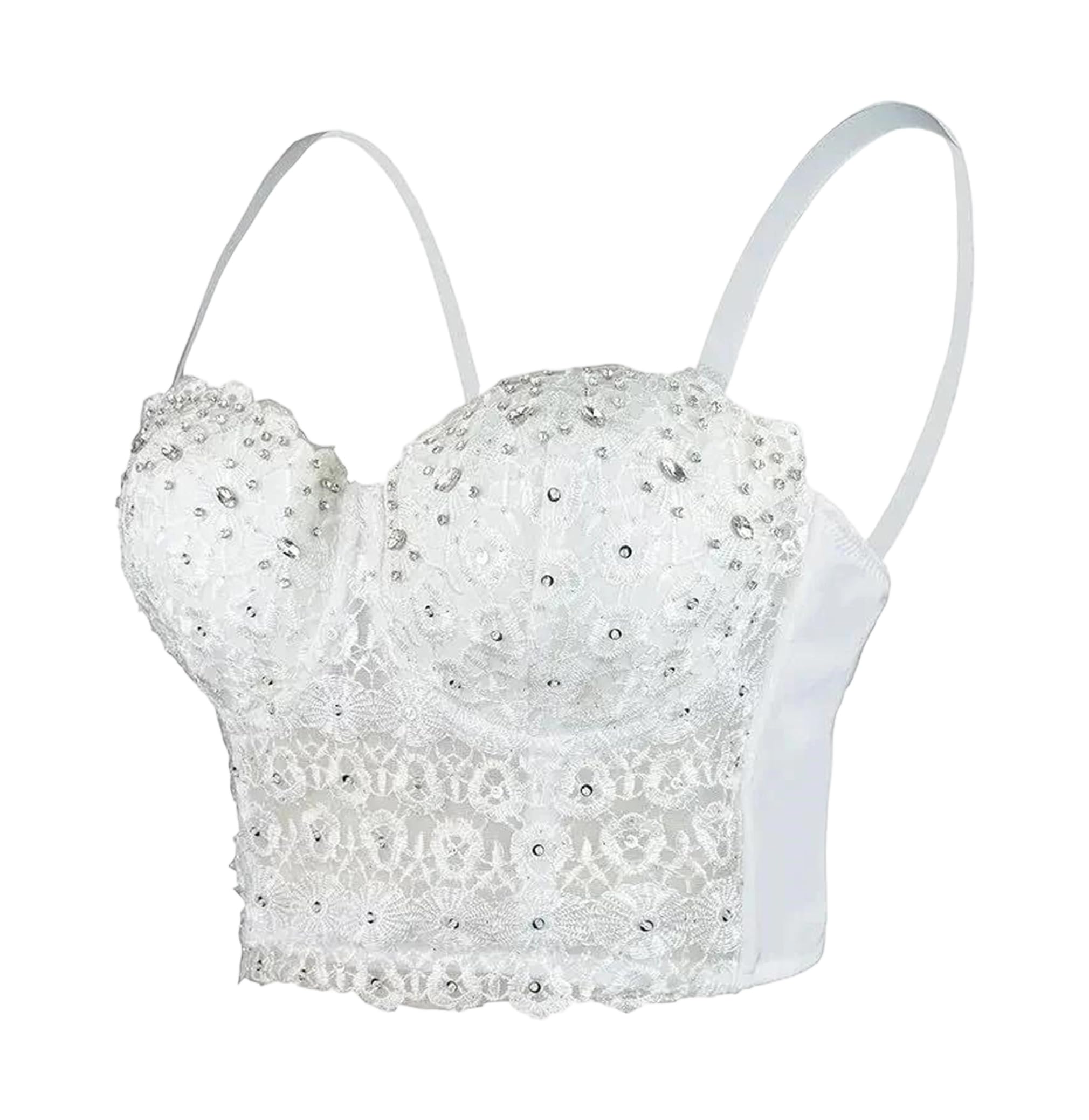 Yeuyyben Top corto de encaje con hombros descubiertos y diamantes de imitación para mujer, corte ajustado, sin mangas, para verano, casual, elegante, blanco, M