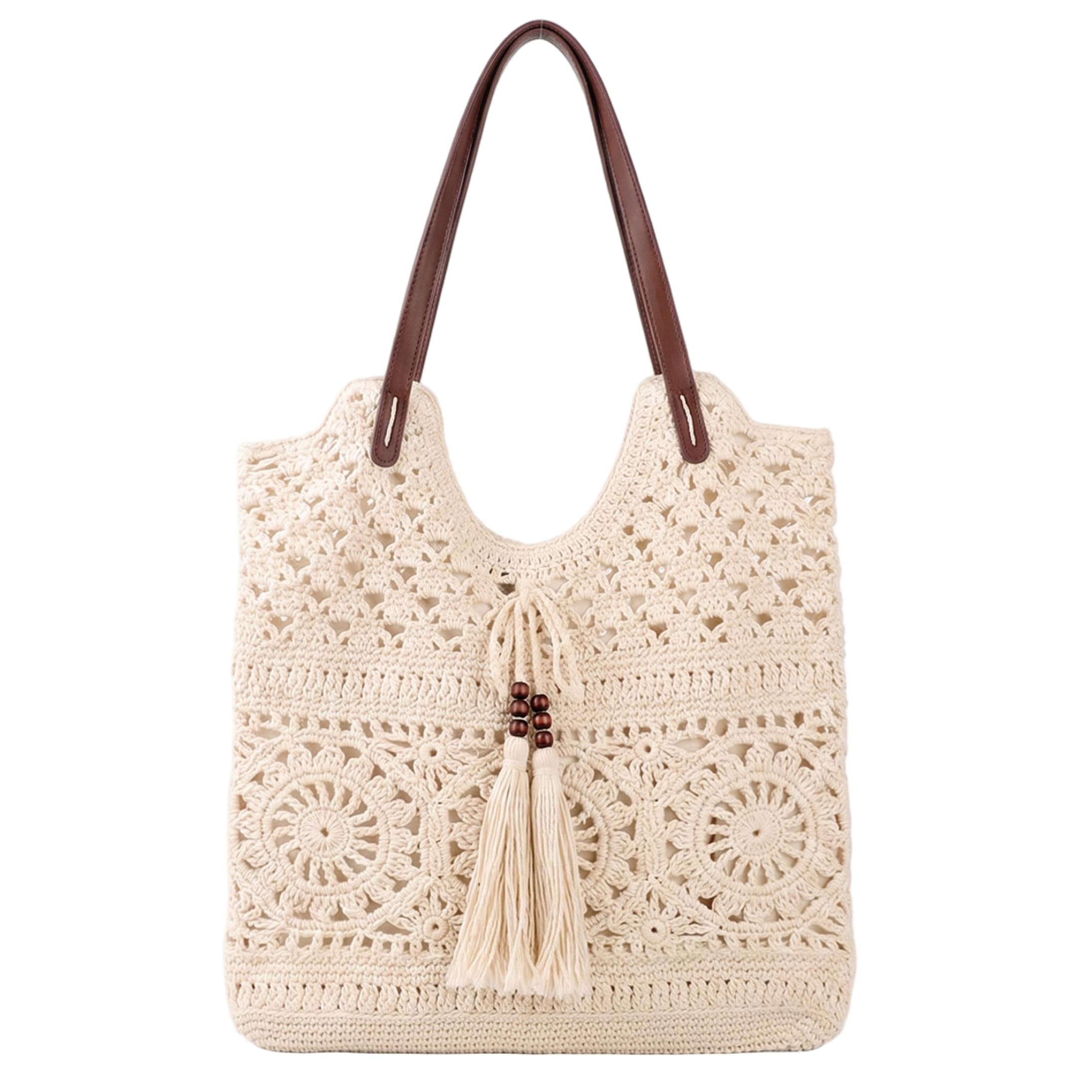 Borsa Tessuta Fatta a Mano all'Uncinetto per Donna, Borsa a Tracolla in Maglia scavata con Nappa, Tessuta in Corda di Cotone, Boho da Spiaggia Estiva