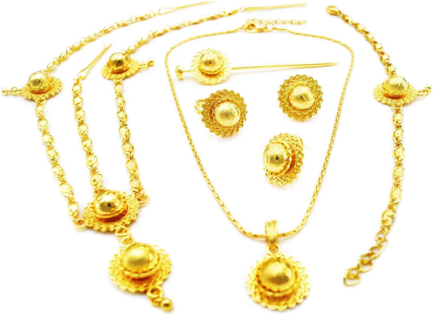 Yulaili Women's Ethiopian Necklace Eritrean Wedding Costume Gold Bridal African Traditional Jewellery Hairpin Forehead Hair Pieces