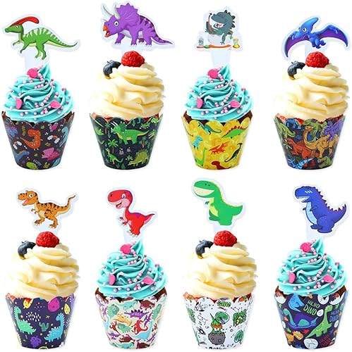 48 piezas de adornos y envoltorios de dinosaurios para cupcakes, dinosaurios de dibujos animados para niños y niñas, fiesta de cumpleaños, baby