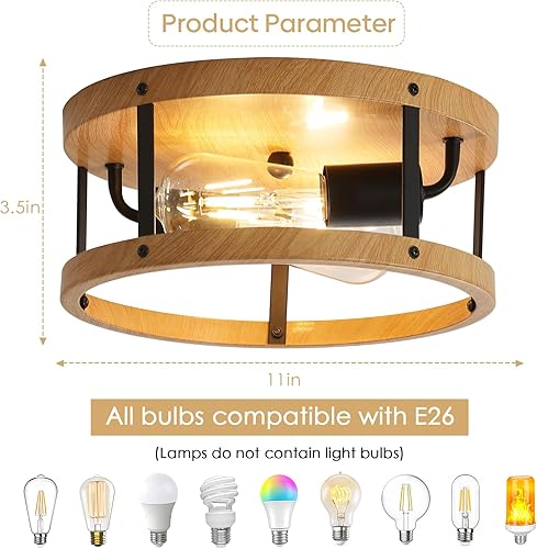 Miniatura 5 de 2-Light Industrial Flush Mount Ceiling Light Fixture,Black Farmhouse Ceiling Light Fixture,Modern Flush Mount Light Fixture for Kitchen Bedroom