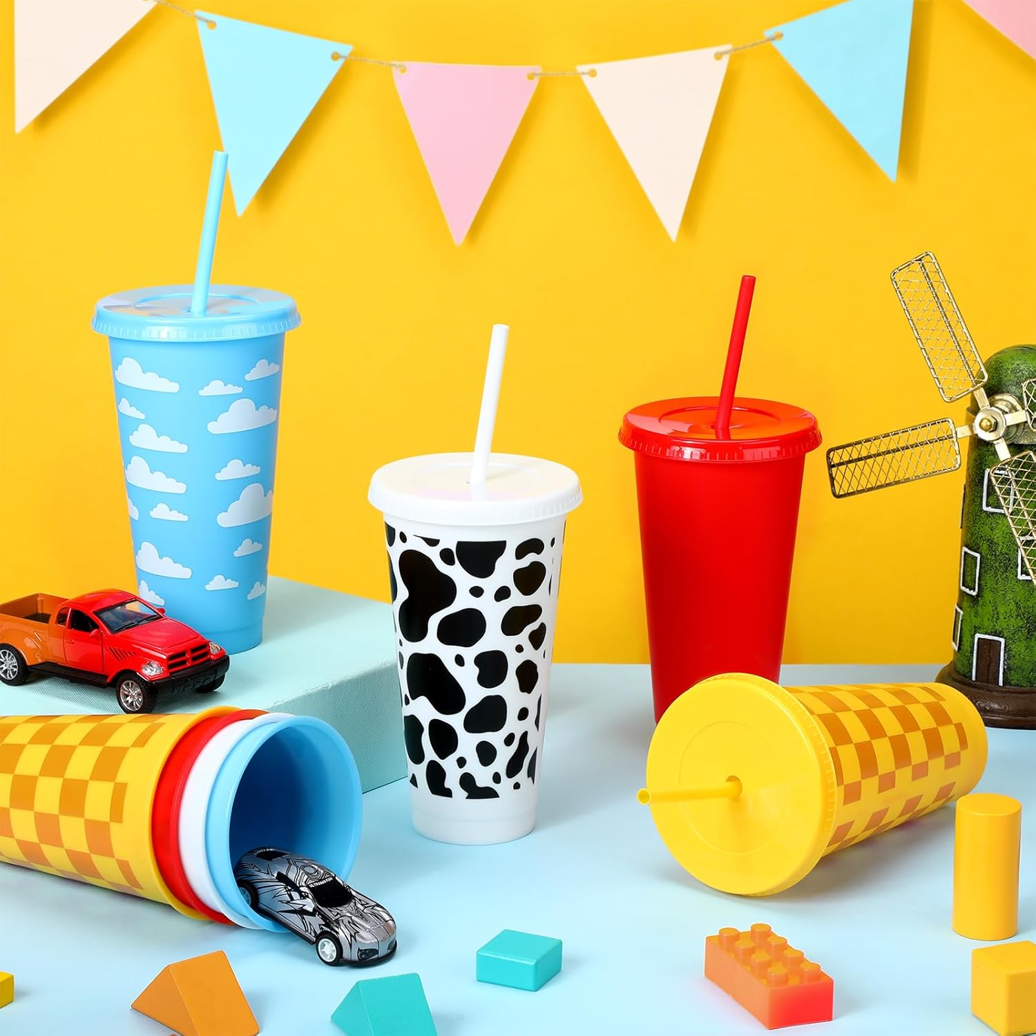 Havawish Cartoon Party Plastic Tumbler with Lid and Straw 24 oz Blue White Cloud Reusable Plastic Cups Cow Print Theme Drinking Cups for Birthday Carnival Party Supplies(24 Pcs)