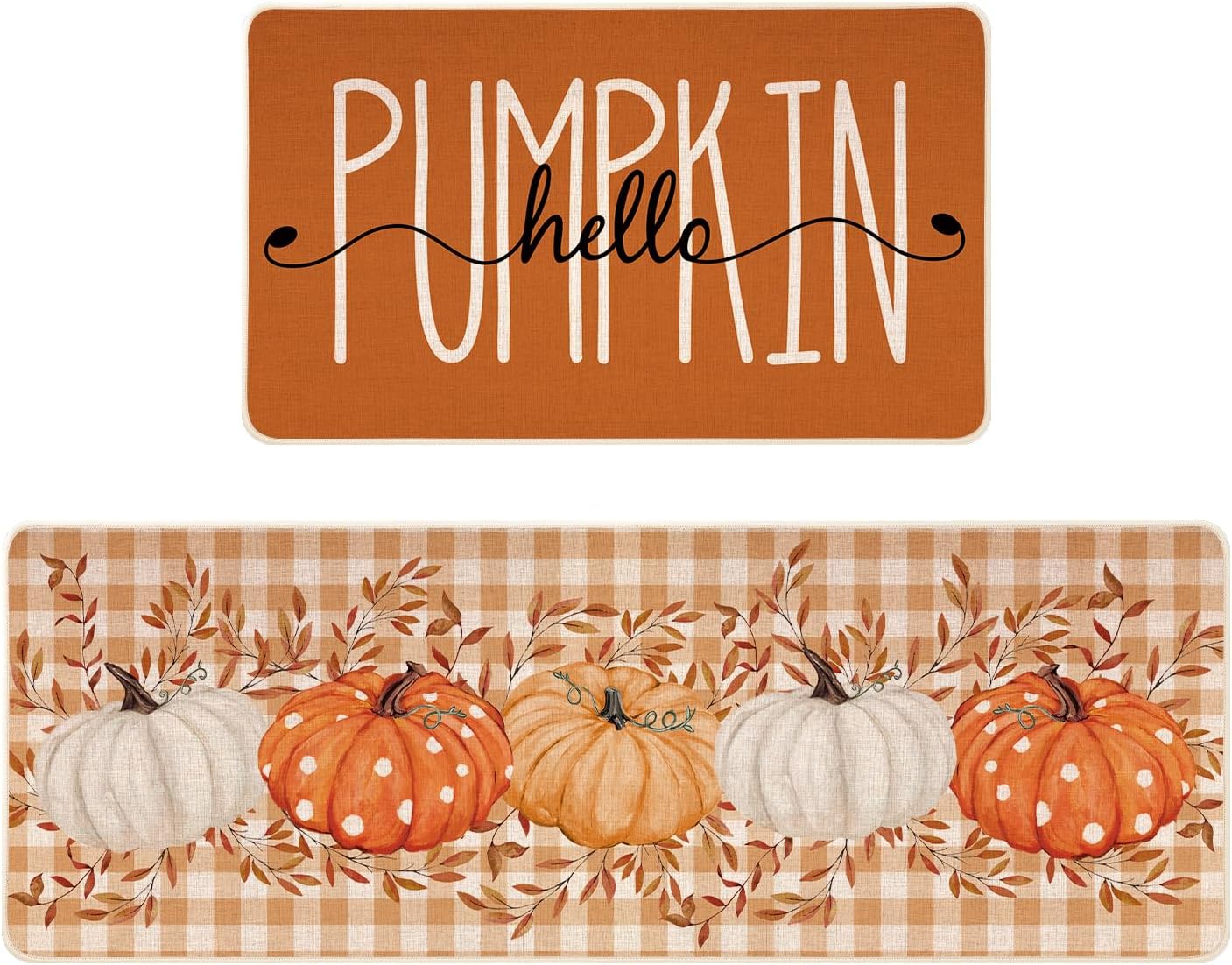 Siilues Fall Kitchen Mats Set of 2, Non-Slip Orange Hello Pumpkin Kitchen Rugs for Floor Seasonal Autumn Thanksgiving Home Decor Low-Profile - 17x29 and 17x47 Inch