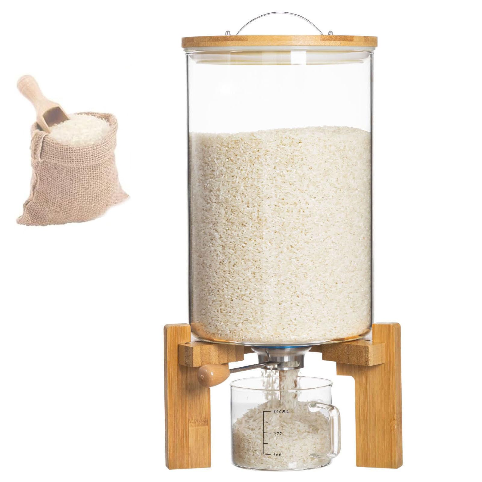 Contenedor de vidrio de 7,5 L premium para cereales con elegante base de madera natural