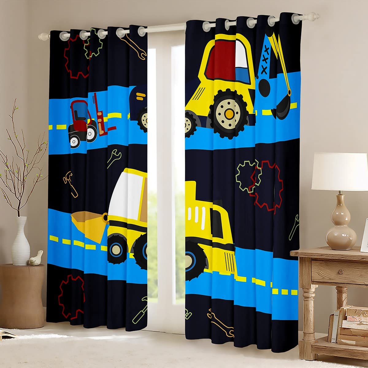Cortinas de Ventana de construcción para niños, para Dormitorio, Sala de Estar, maquinaria de niños, Cortinas de Ventana de camión, Sitio de construcción, Cortinas de vehículos de Coche, excavadoras,