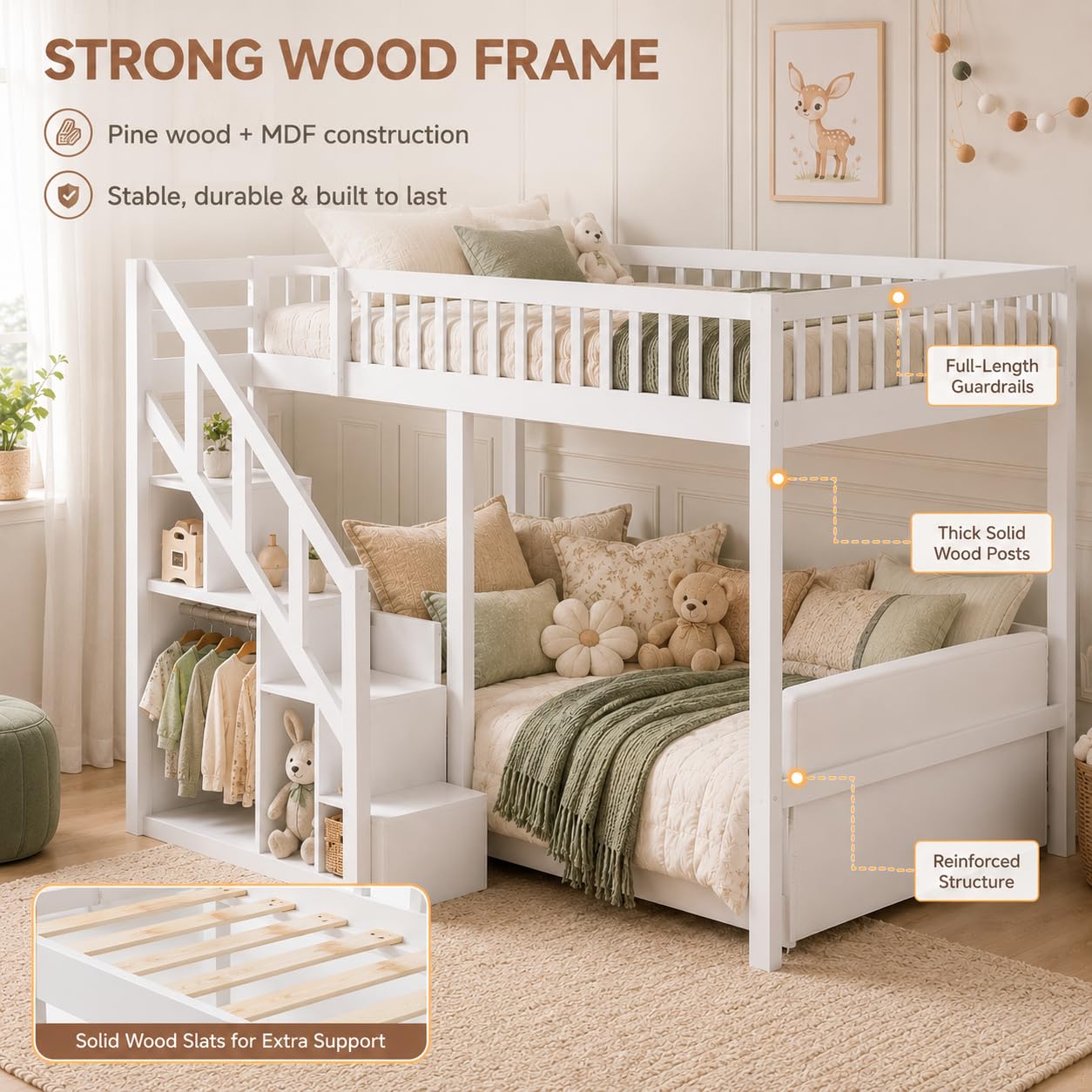 Hochbett 140x200 cm Weiß mit Treppe und Stauraum, Holzbett Kinderbett & Jugendbett mit Sternen-Rausfallschutz, Platzsparendes Etagenbett Spielbett für das Kinderzimmer, Inkl. Lattenrost, Ohne Matratze