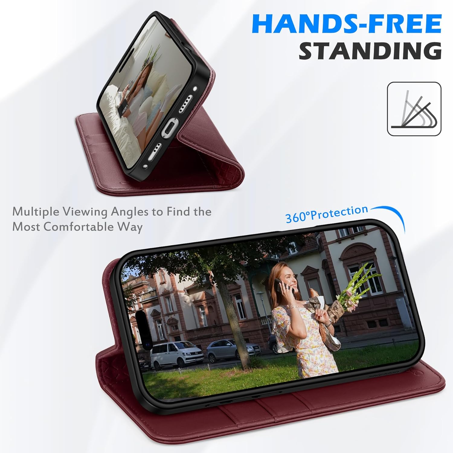 SHIELDON Wallet Case for iPhone 17 6.3-inch 2025 | Genuine Leather | Flip Magnetic | RFID Blocking Card Holder | Kickstand | Shockproof | Soft Shock-Absorbent Phone Cover | Wine Red