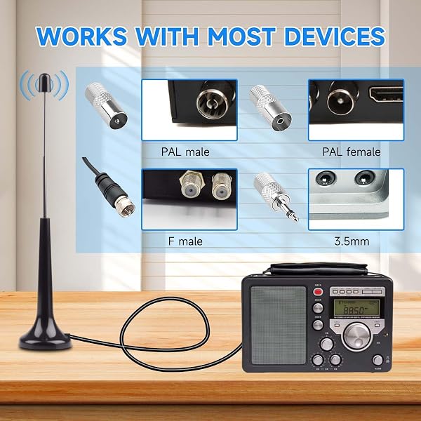Antenne Radio FM Dab Intérieure 75 Ohm avec Base Magnétique - Antenne Télescopique Haute Réception pour Chaîne HiFi, Récepteur AV, Tuner Stéréo - Inclus 3 Adaptateurs (F Mâle/Femelle, 3.5mm) - 2