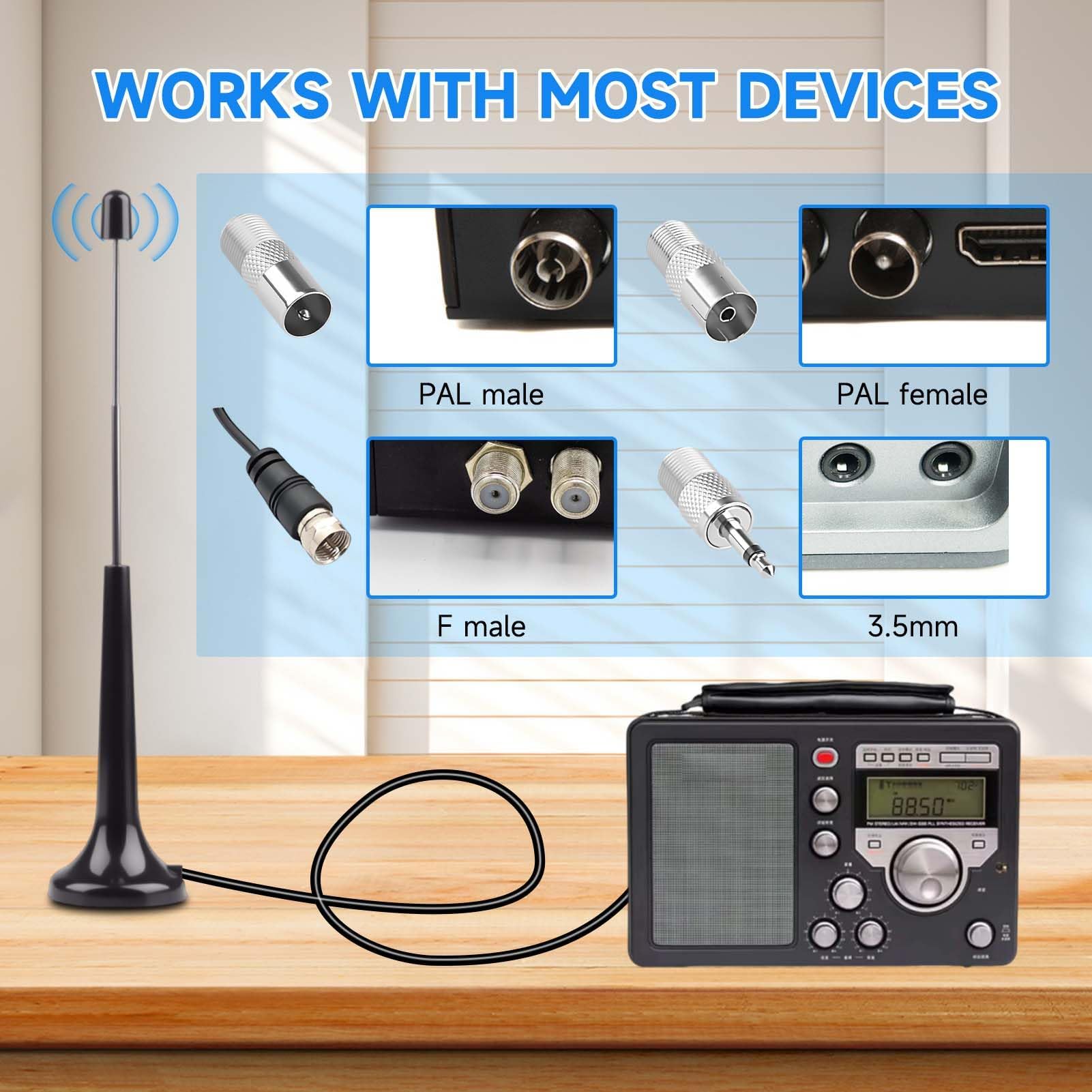Antenne Radio FM Dab Intérieure 75 Ohm avec Base Magnétique - Antenne Télescopique Haute Réception pour Chaîne HiFi, Récepteur AV, Tuner Stéréo - Inclus 3 Adaptateurs (F Mâle/Femelle, 3.5mm) - 2
