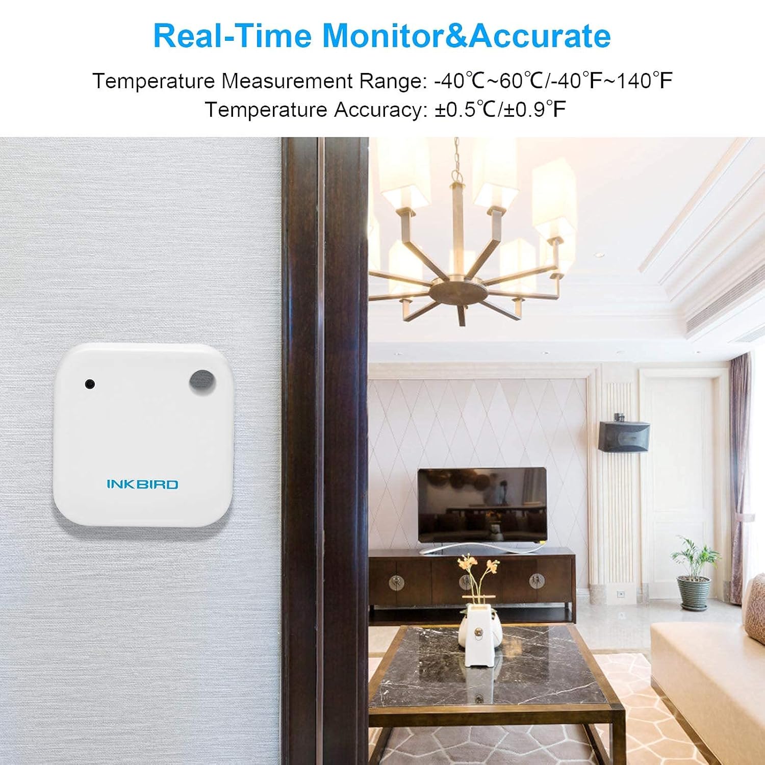 Inkbird IBS-TH2 sensor mounted on a wall, illustrating its real-time monitoring and accuracy with a temperature range of -40°C to 60°C and accuracy of ±0.5°C.