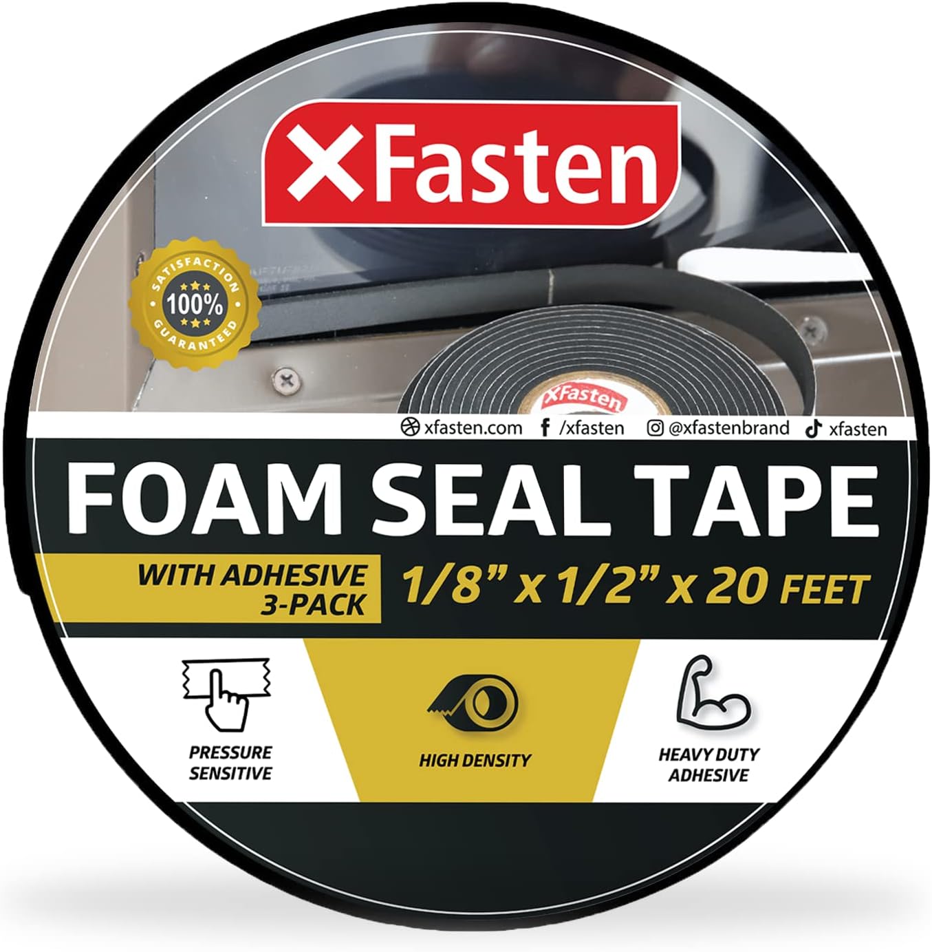 XFasten Black Foam Seal Tape, SelfAdhesive, 1/8"Thick 1/2Inch x 20Foot (3Pack), HighDensity