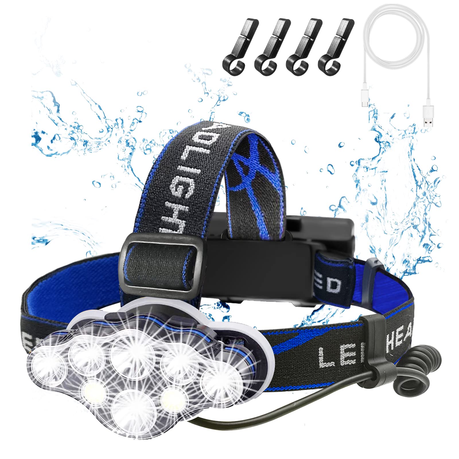 Wiederaufladbare Stirnlampe, 8 LED 18000 Lumen Super Hell Wasserdicht Scheinwerfer mit Roten Lichtern, 8 Lichtmodi Kopflampe für Notlicht ​Outdoor Angeln Wandern Camping Laufen (1, Blau)