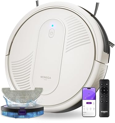 MONSGA Aspirateur Robot 4000Pa 140min 83mm Hauteur, 3 en 1 Robot Aspirateur Laveur, Recharge Automatique, Anti-Enchevêtrement, pour Sols Durs Tapis Dessous de Meubles, Beige