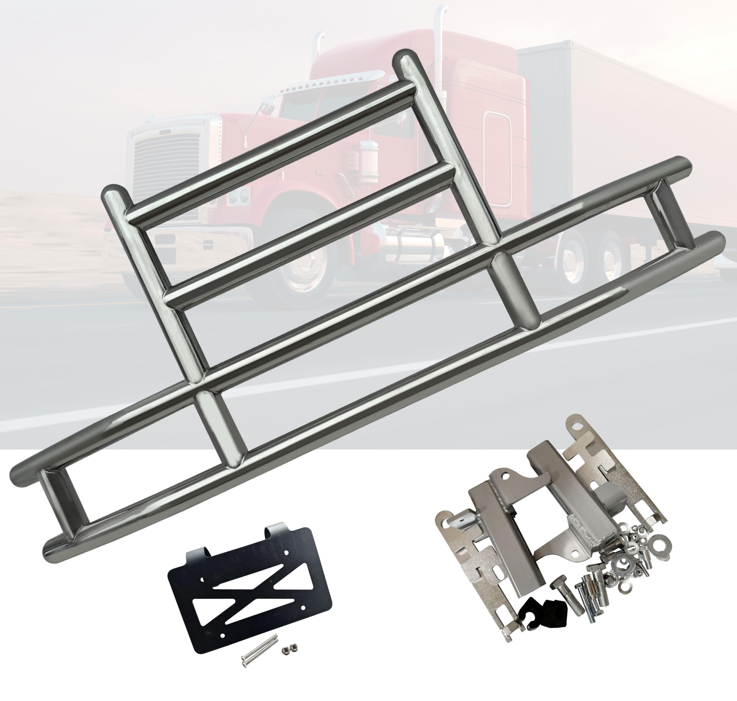 QSC Truck Parts Large Heavy Duty Polished 304 Stainless Steel Deer Guard w/Bracket Compatible with Peterbilt 579 13-21 + Steel License Plate Holder