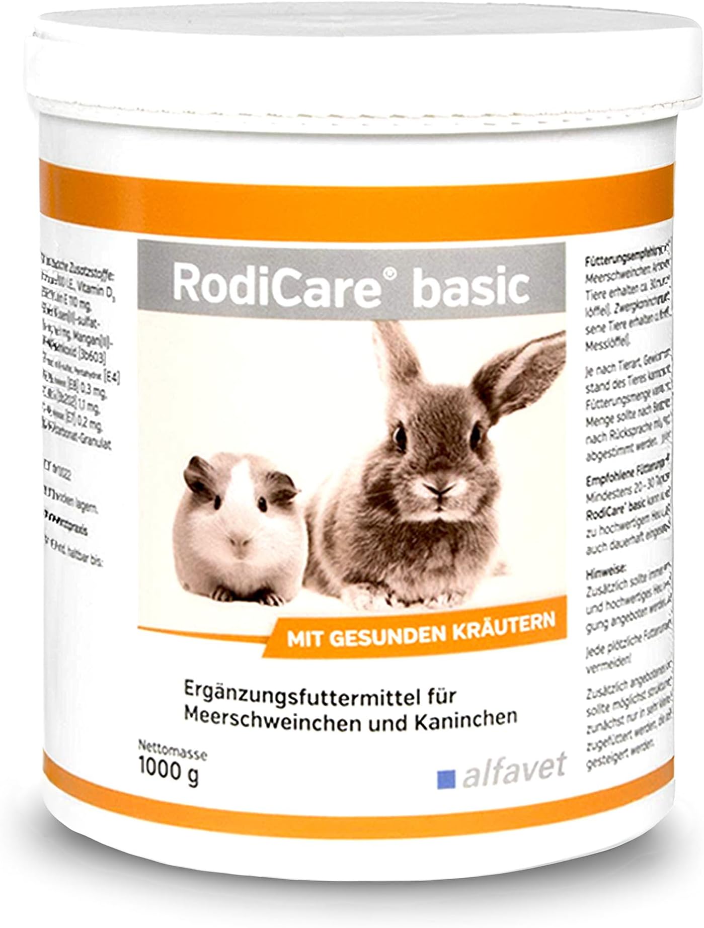alfavet RodiCare Basic, herb pellets, rich in insoluble fibre, supplementary feed for guinea pigs and rabbits, 1000 g tin