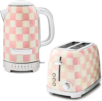 MACKENZIE-CHILDS Stainless-Steel Electric Kettle Bundle with Stainless-Steel 2-Slice Toaster, Pink-and-White Rosy Check