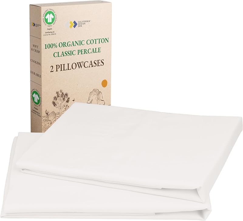 California Design Den 100% Organic Cotton 2-Pack Standard Size Pillow Cases | GOTS Certified Crisp & Cool Percale, 2 Cases to fit Standard or Queen Pillows, Envelope Closure, Backed by GH Seal - Ivory