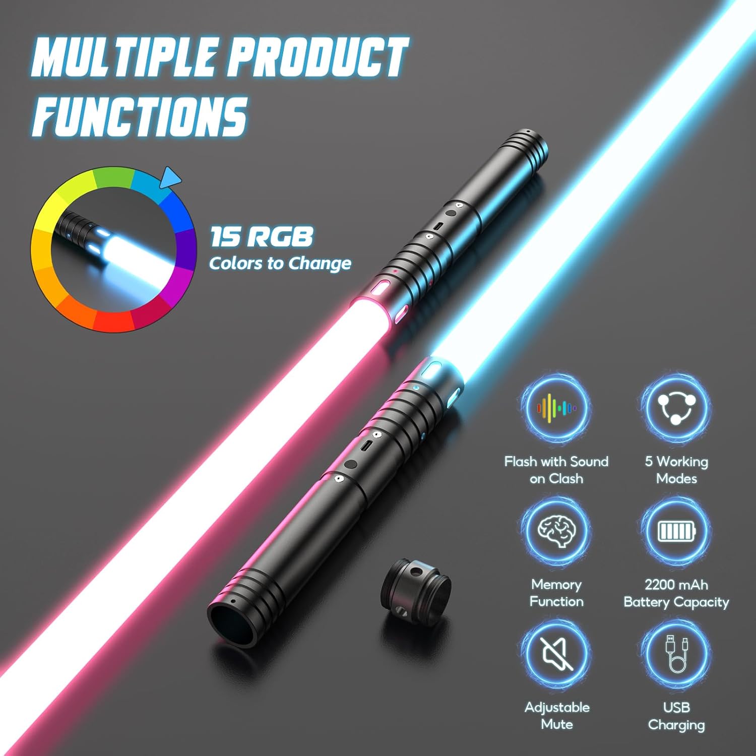 2-Pack Light Saber, USB Rechargeable, FX Sound Motion Sensitive, Dualing Double Lightsaber, Mental Handle with Upgraded RGB 20 Colors, Laser Sword Toy Gift for Kids Cosplay Party for Fun, 24 Inch
