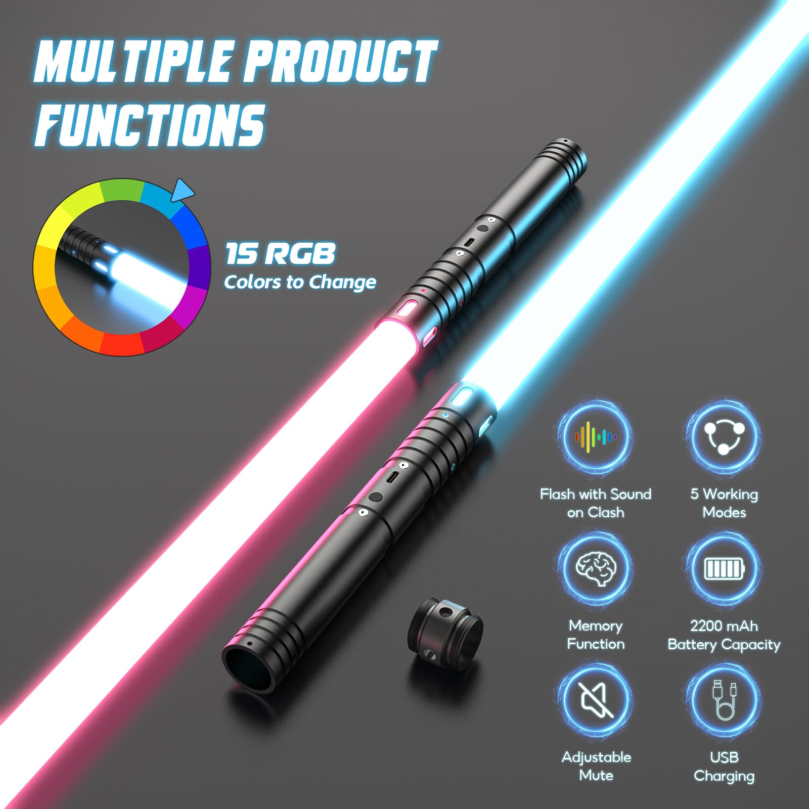 Lightsaber for Kids Light Saber Upgraded RGB 15 Colors, USB Rechargeable Lightsaber with Metal Handle - Image 3