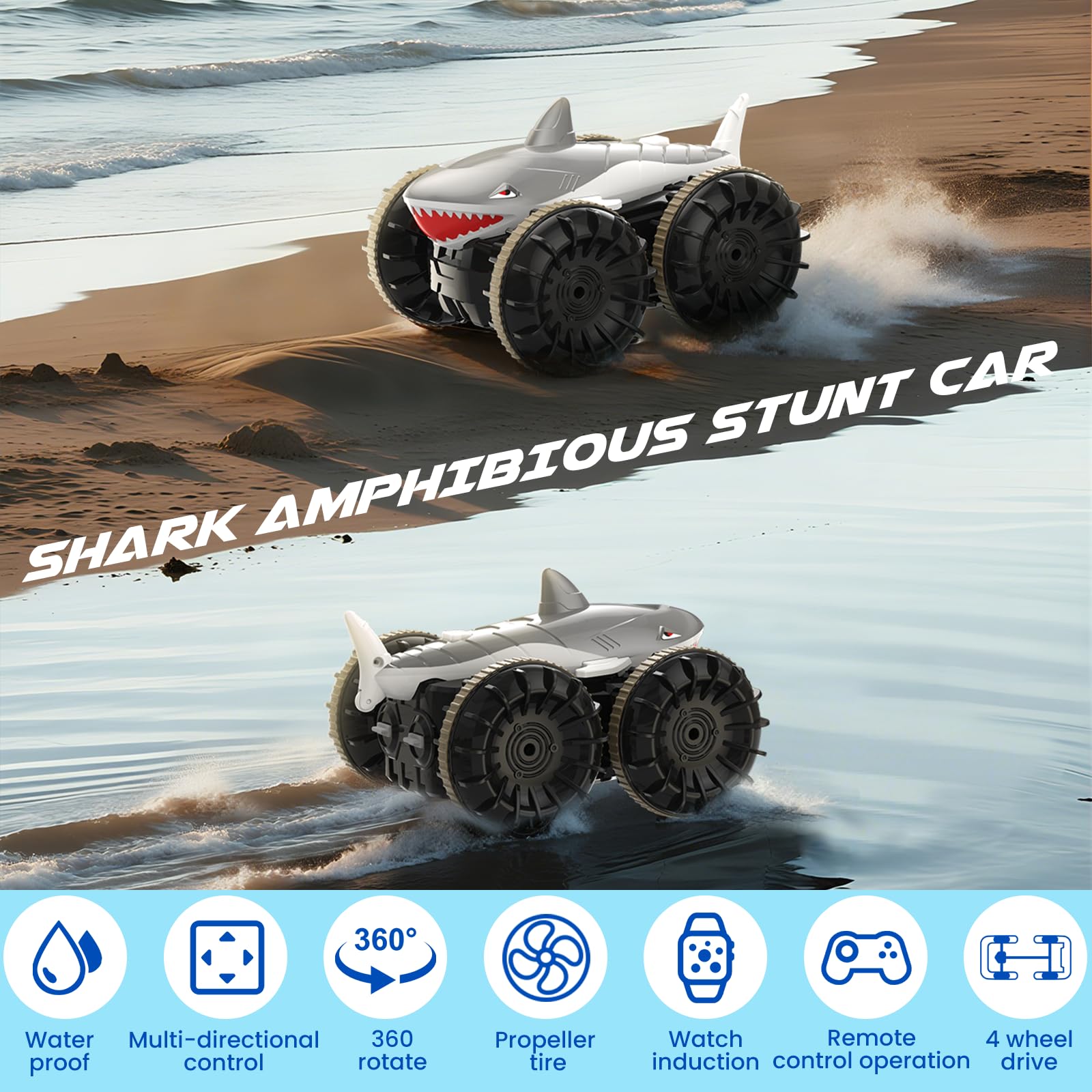 SIMREX Voiture amphibie télécommandée Shark, Cadeau pour enfants, garçons et filles, voiture RC 4WD étanche, cascade à 360° - Image 2