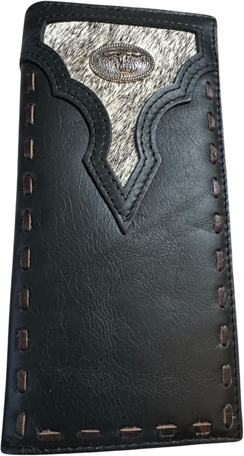 Long Leather Wallet – Longhorn Concho with Cowhair Inlay – Hand-Stitched Bi-Fold – Western Ranch Style Wallet for Men
