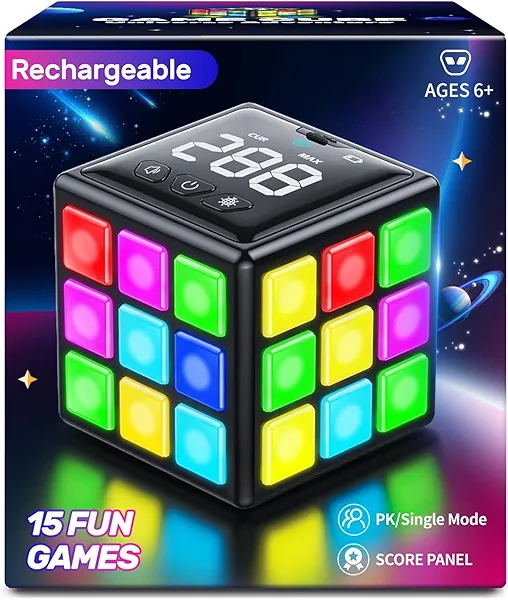 Niufunmal Rechargeable Game Cube - 15-in-1 Fun Brain Memory & Speed Games for Kids - Christmas Easter Birthday Gifts for Boys Girls Ages 6-12+ Years Old - Toys for Kids Teens with Score Screen (Black)