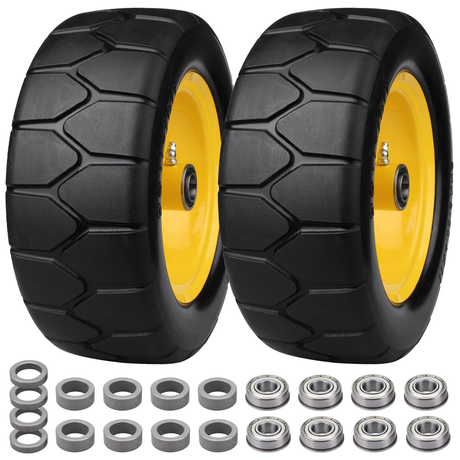 11x4.00-5'' Lawn Mower Tires Flat Free, 2 Pack Solid Tires and Wheel with 3/4" or 5/8" & 1/2" Precision bearings, Flat Tire Wheel Assemblies with 3.4"-5.6" Centered Hub for Zero-Turn Lawn Mower