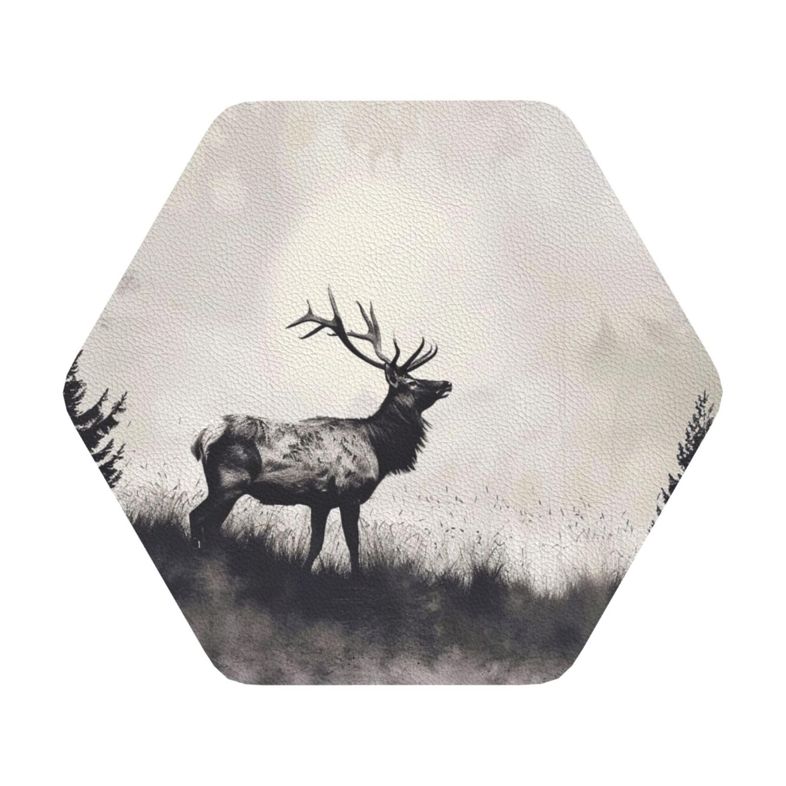Wild Deer Print Leather Coaster Set of 6, Hexagon Coasters Table Decorative Coffee Cup Beverage Coasters Wine Beer Bar Coasters for Hot Drinks Table Protection