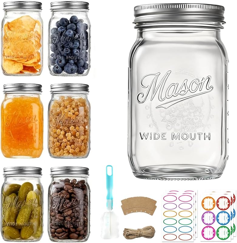 Mason Jars 32 oz,6 Pack Large Wide Mouth Mason Jar with Airtight Lids and Bands|Quart Glass Canning Jars for Pickling, Fermenting and Food Storage Microwave&Dishwasher Safe