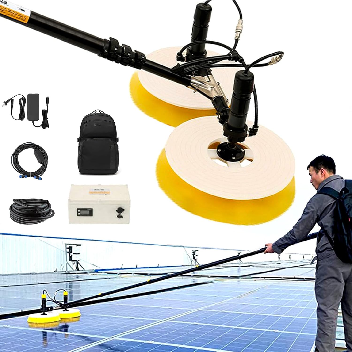Solar Panel Cleaner Kit, Dual Motor 320RPM Auto Water Feed, 70cm Dual Brush Heads & 18ft/5.5m Telescopic Pole, 30AH Battery, 10m Cord & 20m Hose for Home, Rooftop & Solar Farms
