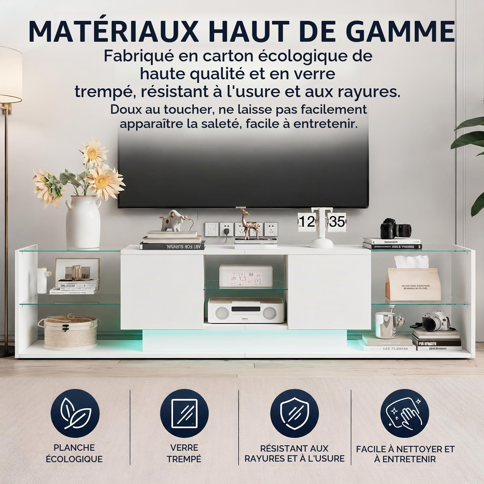 Meuble TV LED 200 cm, Meuble Télé Bas Moderne Brillant avec 2 Compartiments de Rangement et Étagère en Verre, Banc TV avec Rangement pour Salon, Design Contemporain, Blanc
