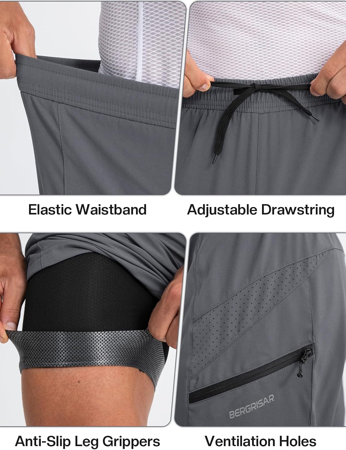 BERGRISAR Men's 2 in 1 Mountain Bike Shorts 3D Padded Bike Short Cycling Shorts with Phone Pocket