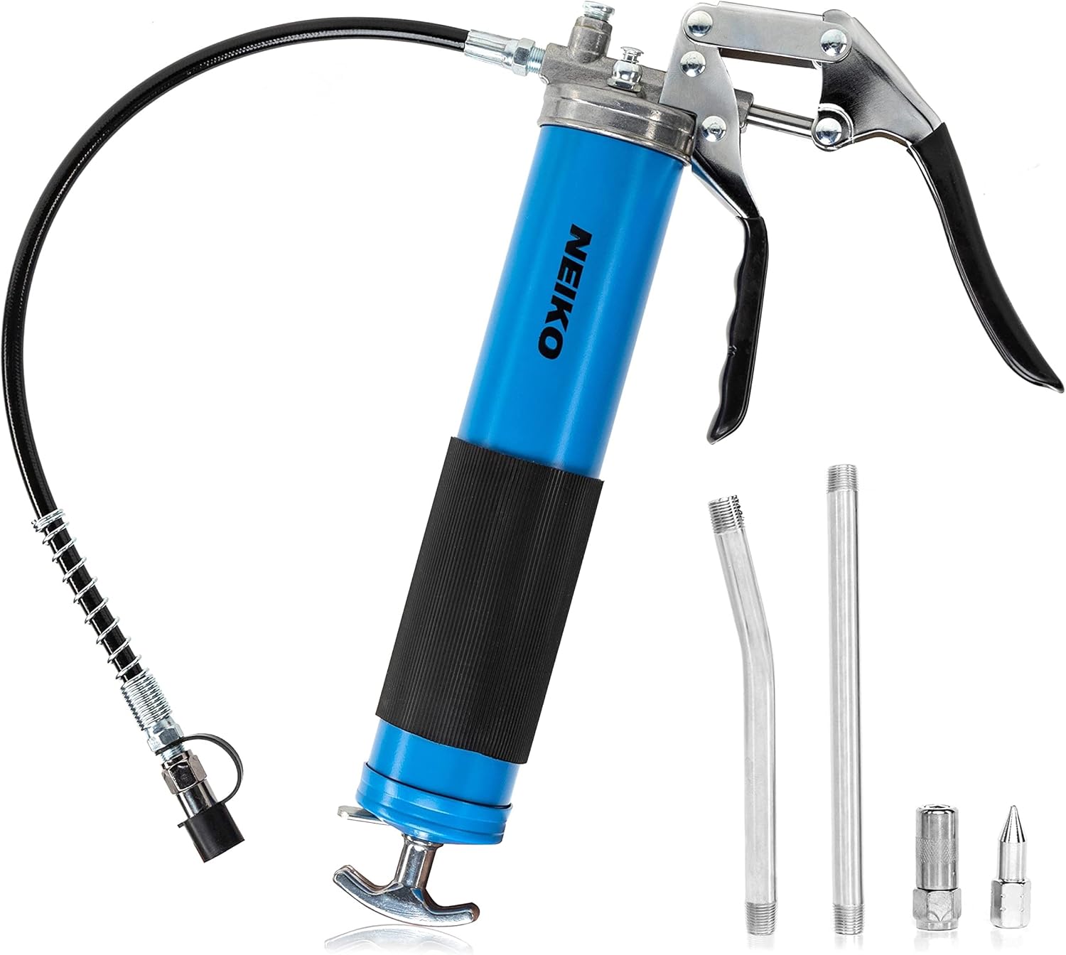 Neiko 12011A Grease Gun, Heavy Duty Pistol Grip Greaser, 6000 PSI, Grease Gun Hose 18 inch, Grease Gun with Zerk Fitting, 6” Straight Extension & 5.5” Bend Ext, Grease Not Included.