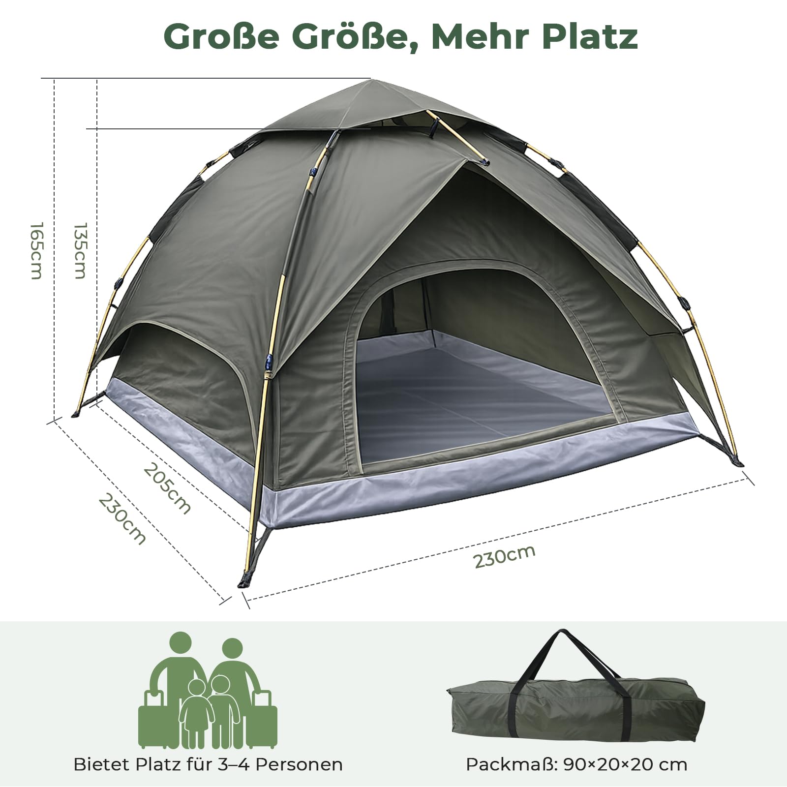 Pop Up Zelt 3-4 Personen, Automatisches Wurfzelt mit 3000mm Wasserdicht, Doppelwand Campingzelt für Festival, Trekking & Familie, Schnellaufbau in 40 Sek, 2 Türen, 2.3x2.3x1.2m, Grau
