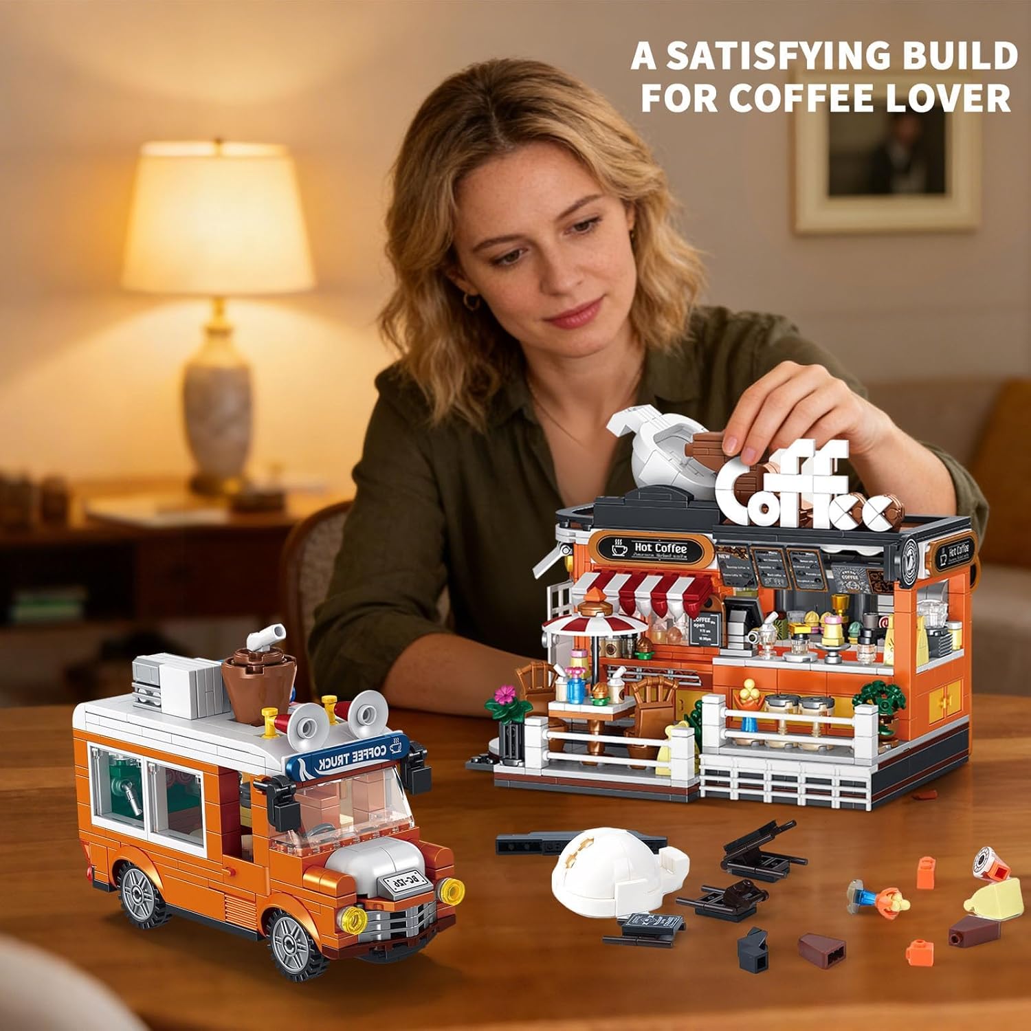 City Street Coffee House Building Block Set, 1280 PCS Coffee Shop with Mobile Cafe Truck Building Toys, Retro Coffee Stand Model for Home Decor, Gift for Adults Women Teens Boys Girls 14+