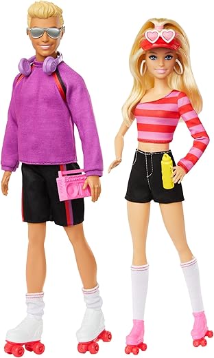 Barbie Fashionistas Set with 2 Fashion Dolls & 6 Accessories, Roller-Skating Barbie & Ken, 65th Anniversary Collectible, HXK90