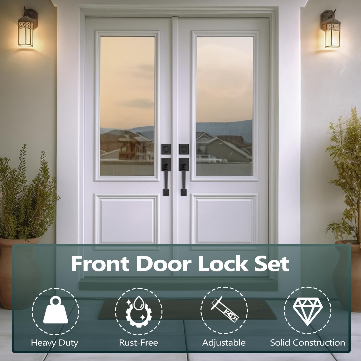 EHOMEWARE Black Double Front Door Lock Set, Matte Black Double Door Handle Set, Exterior Door Handle with Deadbolt and Dummy, Heavy Duty Front Door Hardware, Reversible Door Lever for Left/Right Doors